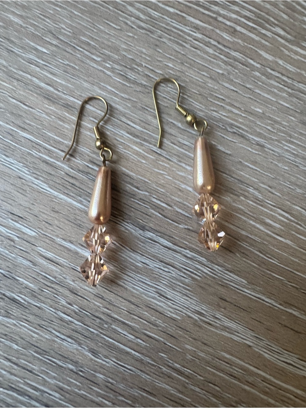 Champagne colored faux pearl and crystal dangle drop earrings
